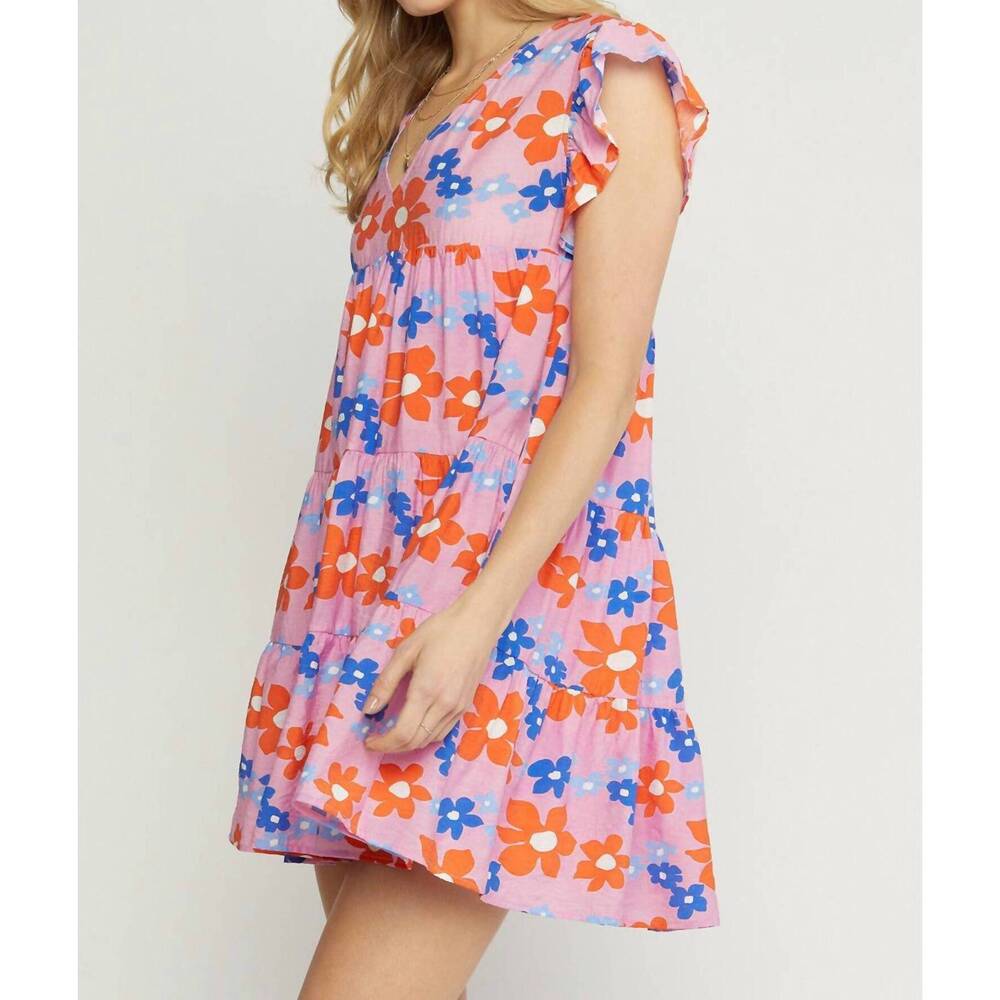 NEW ENTRO floral tiered babydoll dress in pink - Picture 3 of 7